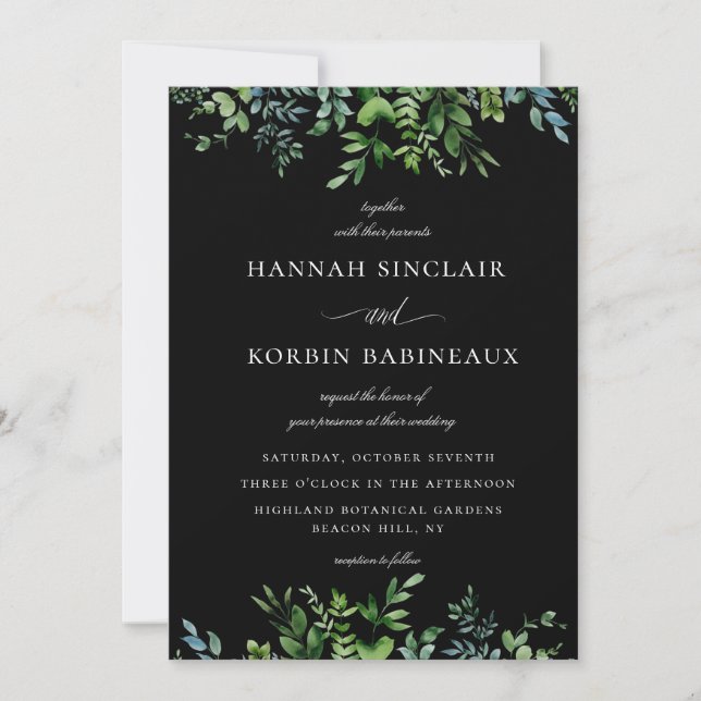 Invitación Moderna vegetación botánica Boda negro (Anverso)