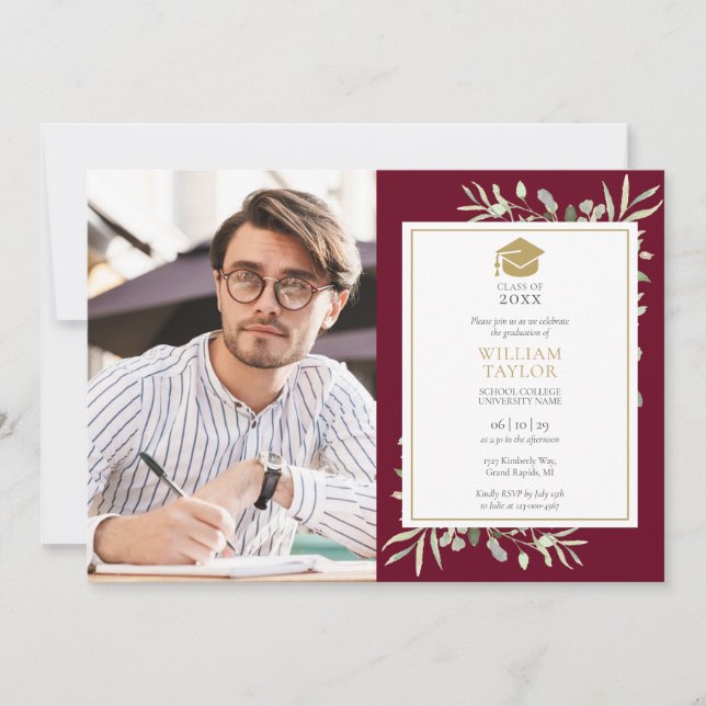 Invitación Moderna vegetación Burgundy Graduation Party Foto (Anverso)