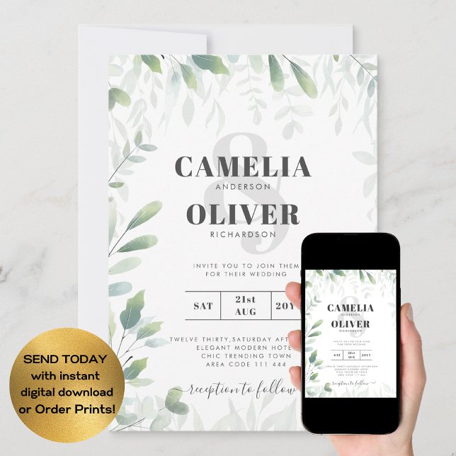 Invitación Moderna vegetación deja Boda QR codificado RSVP (Subido por el creador)