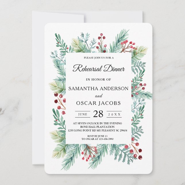 Invitación Moderna vegetación del marco de hojas de invierno (Anverso)
