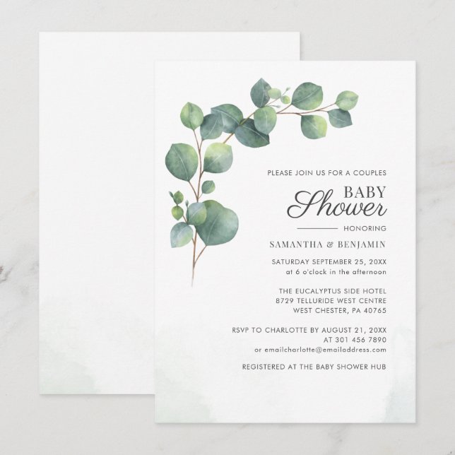 Invitación Moderna vegetación Eucalyptus Parejas Baby Shower (Anverso / Reverso)