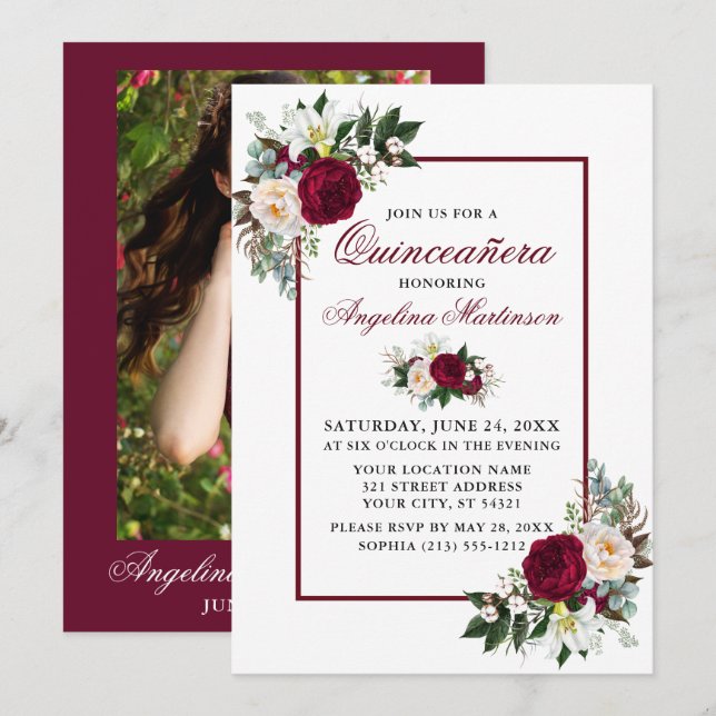 Invitación Moderna vegetación floral borgoñona Foto Quinceane (Anverso / Reverso)