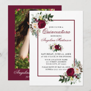 Invitación Moderna vegetación floral borgoñona Foto Quinceane