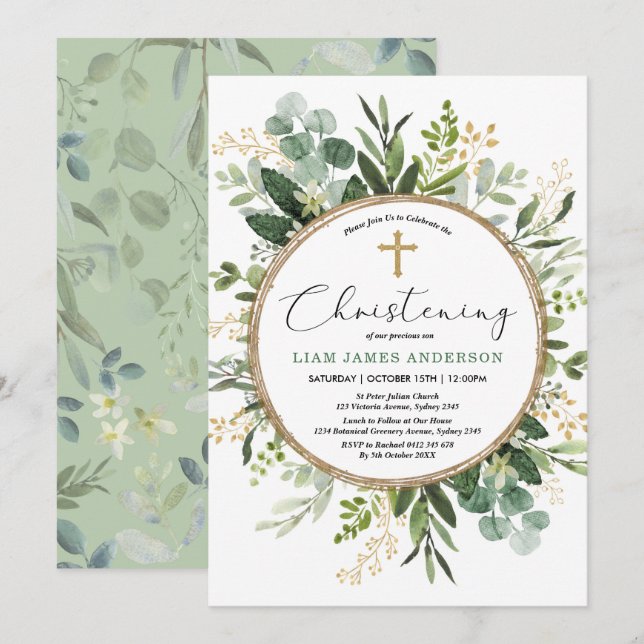 Invitación Moderna vegetación Oro hojas botánicas Christening (Anverso / Reverso)