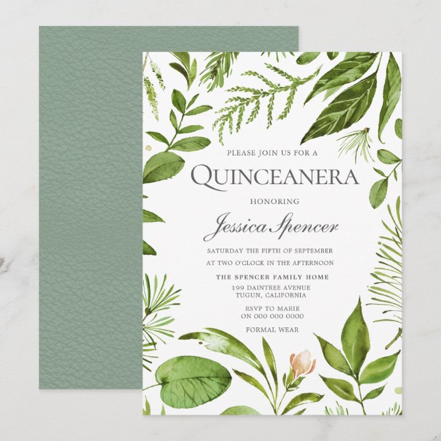 Invitación Moderna vegetación primavera verano Quinceanera In (Anverso / Reverso)