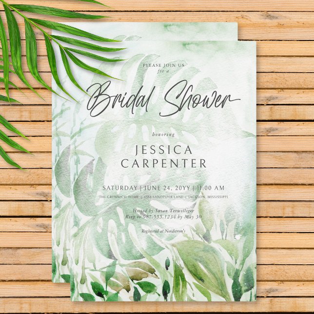 Invitación Moderna vegetación tropical acuática Ducha nupcial (Modern Tropical Greenery Watercolor Bridal Shower Invitation)