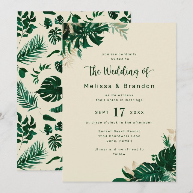 Invitación Moderna vegetación Tropical Foliage Elegante Boda (Anverso / Reverso)