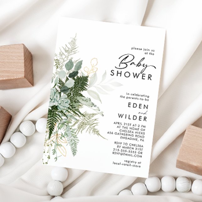 Invitación Moderna vegetación y Parejas de Oro Baby Shower (Subido por el creador)
