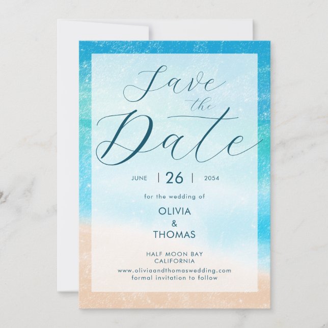 Invitación Moderna Waves Beach Photo Wedding Salvar la fecha (Anverso)