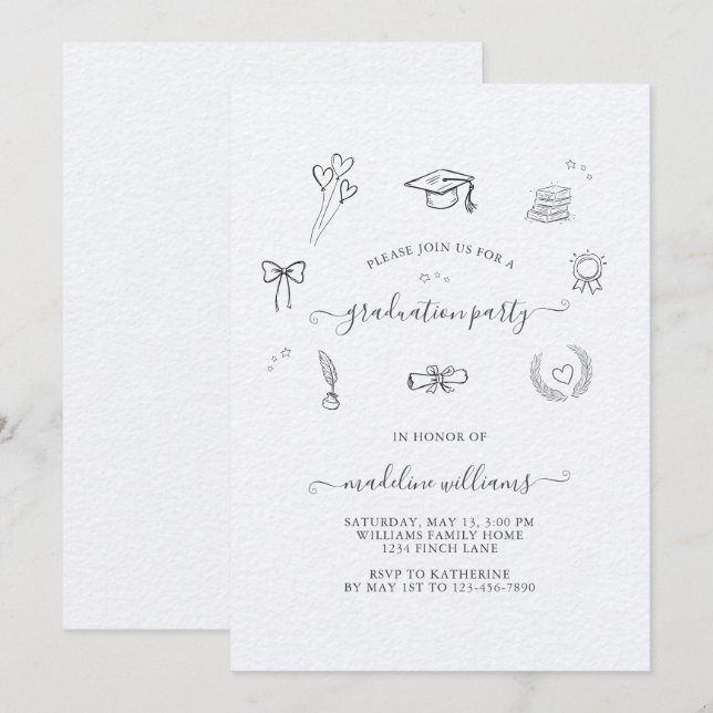 Invitación Moderna y caprichosa fiesta de graduación de Doodl (Anverso / Reverso)