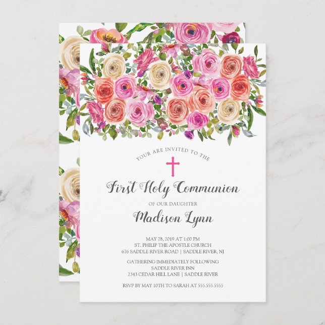 Invitación Moderna y colorida flor rosa primera comunión sagr (Anverso / Reverso)