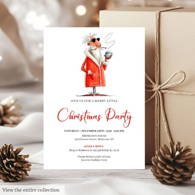 Invitación moderna y divertida a la cena de Navida (Modern Funny Santa Holiday Dinner Party Invite)