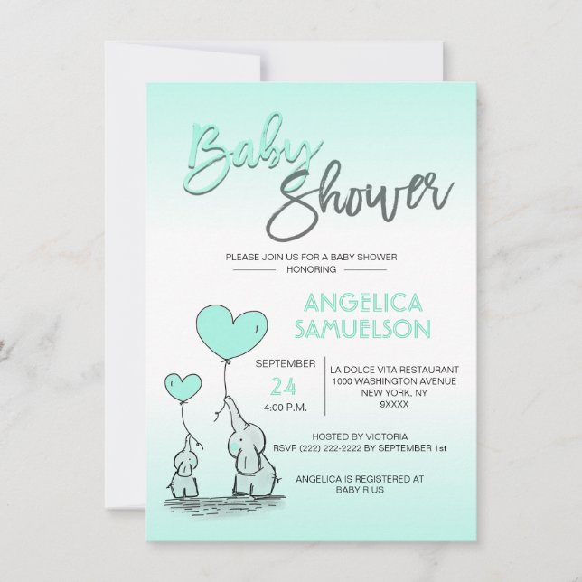 Invitación Moderna y educada Mami Elefante y Baby Shower (Anverso)