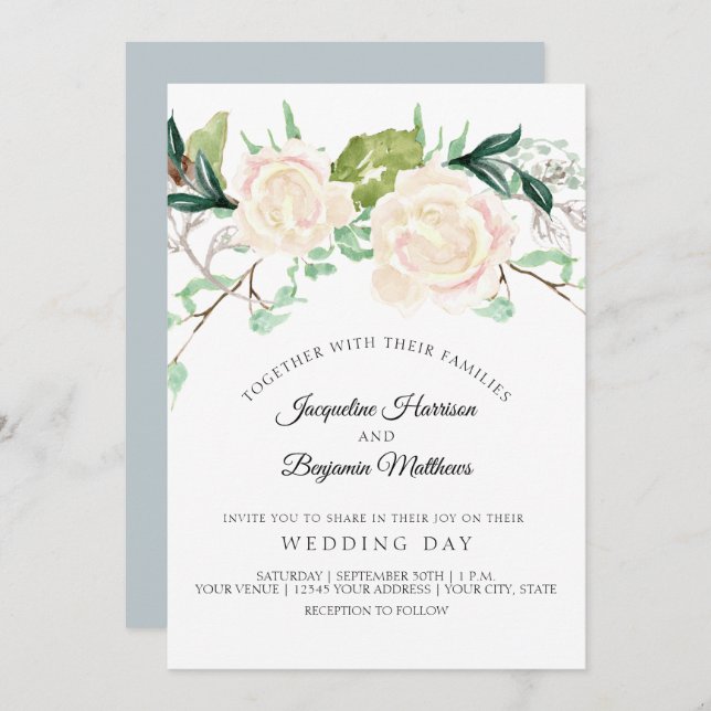 Invitación Moderna y elegante acuarela Art Floral Rosa de mar (Anverso / Reverso)