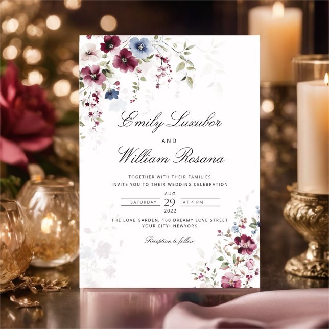 Invitación Moderna y elegante acuarela Borgoña Boda floral (Subido por el creador)