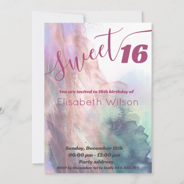 Invitación Moderna y elegante acuarela dulce 16 (Anverso)