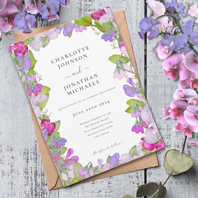 Invitación Moderna y elegante acuarela floral (Modern garden florals pink purple sweetpea watercolor wedding invitation )