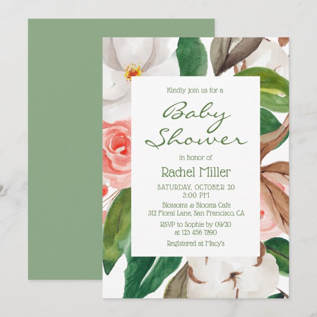 Invitación Moderna y elegante acuarela Floral Baby Shower (Anverso / Reverso)