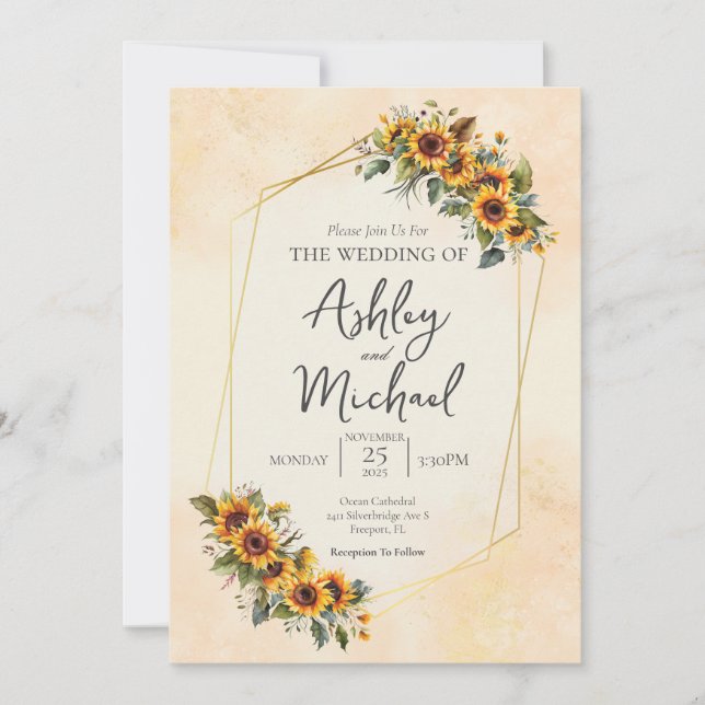 Invitación Moderna y elegante acuarela Floral Boda de girasol (Anverso)