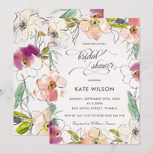 Invitación Moderna y elegante acuarela Floral Bridal Shower (Anverso / Reverso)