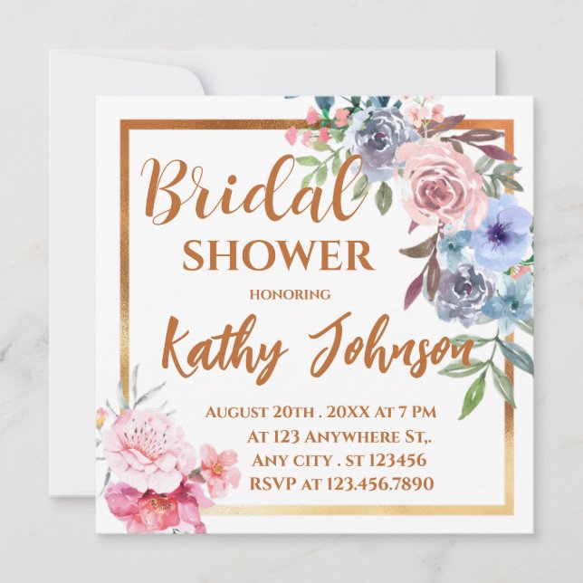 Invitación Moderna Y Elegante Acuarela Floral Bridal Shower I (Anverso)