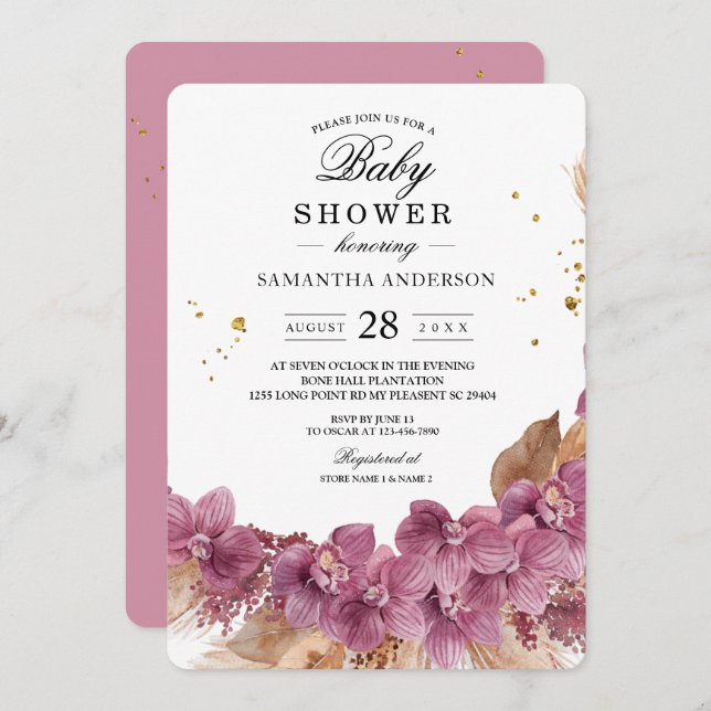 Invitación Moderna y elegante acuarela Orquídea rosa y pampas (Anverso / Reverso)