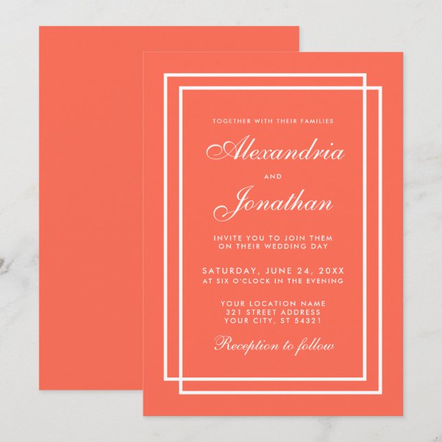 Invitación Moderna y elegante armazón de coral y blanco (Anverso / Reverso)