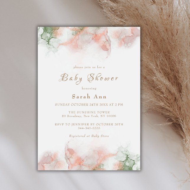 Invitación Moderna y elegante Baby Shower de Boho rosa verde (Modern Elegant Green Pink Boho Agate Baby Shower Invitation)