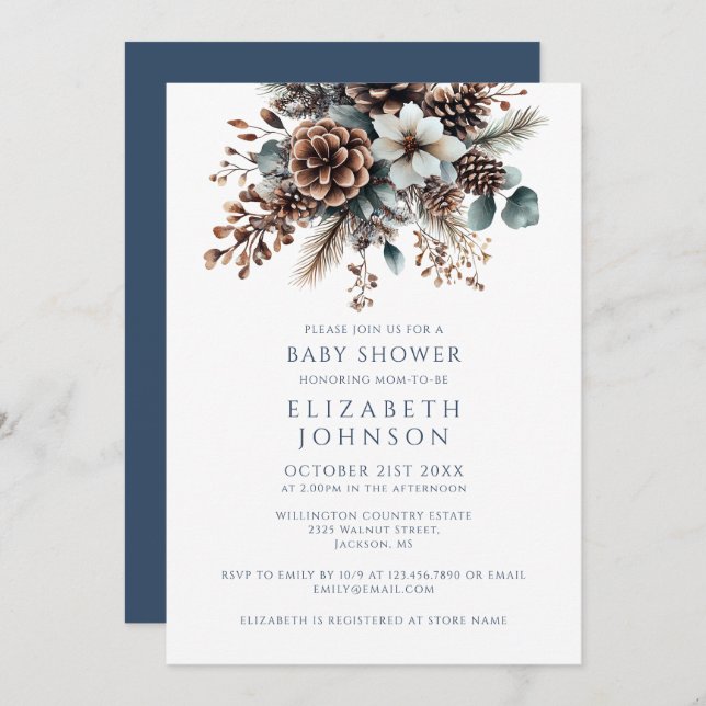 Invitación Moderna y elegante Baby Shower floral de invierno (Anverso / Reverso)