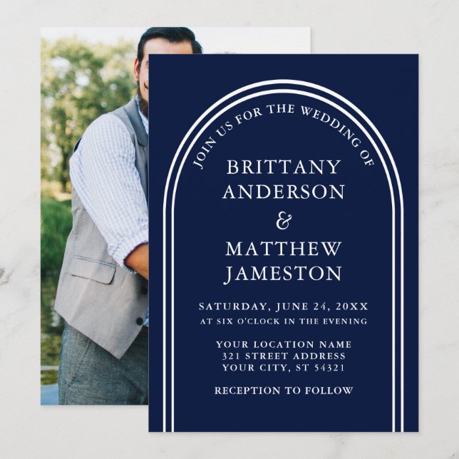 Invitación Moderna y elegante Boda Arch Foto azul (Anverso / Reverso)