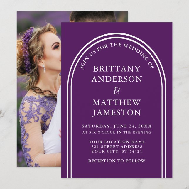 Invitación Moderna y elegante Boda Arch foto púrpura (Anverso / Reverso)