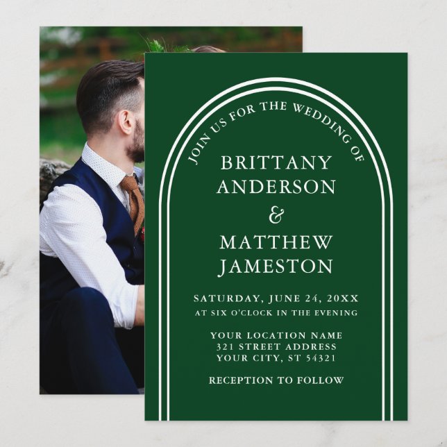 Invitación Moderna y elegante Boda Arch Foto verde (Anverso / Reverso)