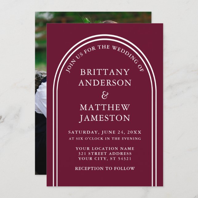 Invitación Moderna y elegante Boda de arca Borgoña Foto (Anverso / Reverso)