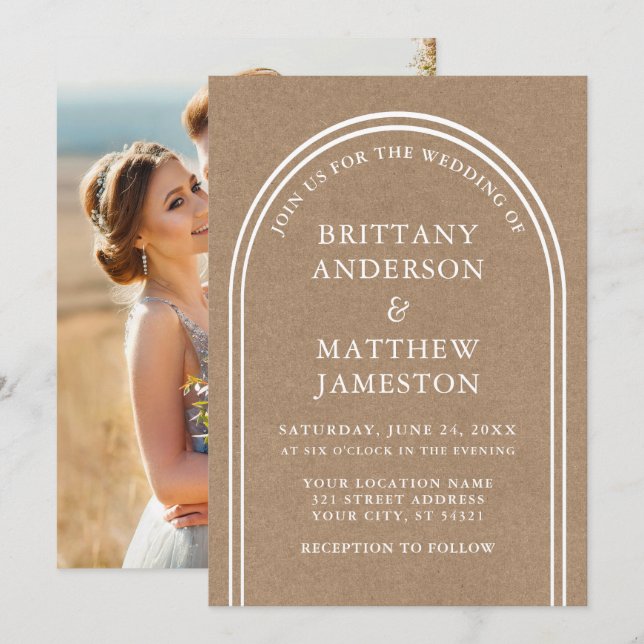 Invitación Moderna y elegante Boda de arco Kraft Photo (Anverso / Reverso)
