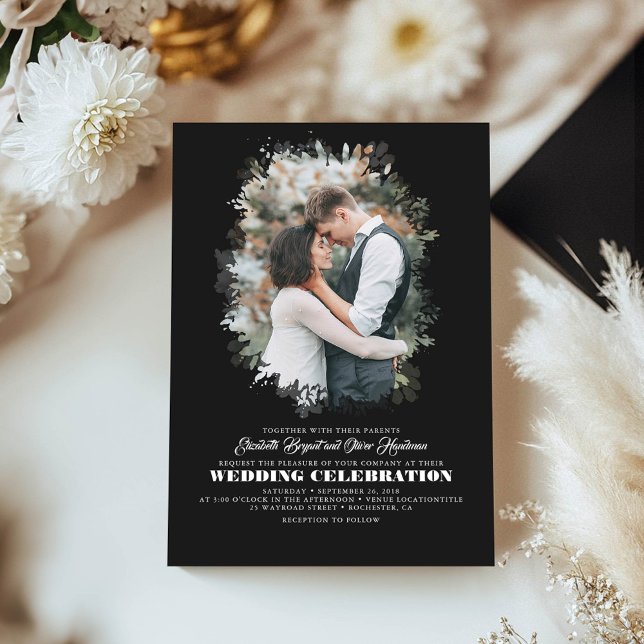 Invitación Moderna y elegante Boda de fotografía de vegetació (Black Wedding Photo Invitations)