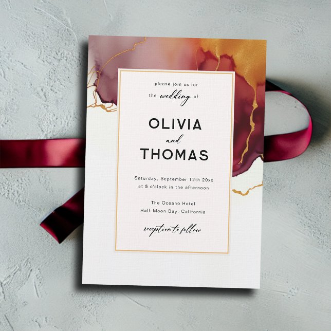 Invitación Moderna y elegante Boda de Oro Naranja Borgoña (burgundy orange fall wedding invitation minimalist modern typography elegant calligraphy romantic)