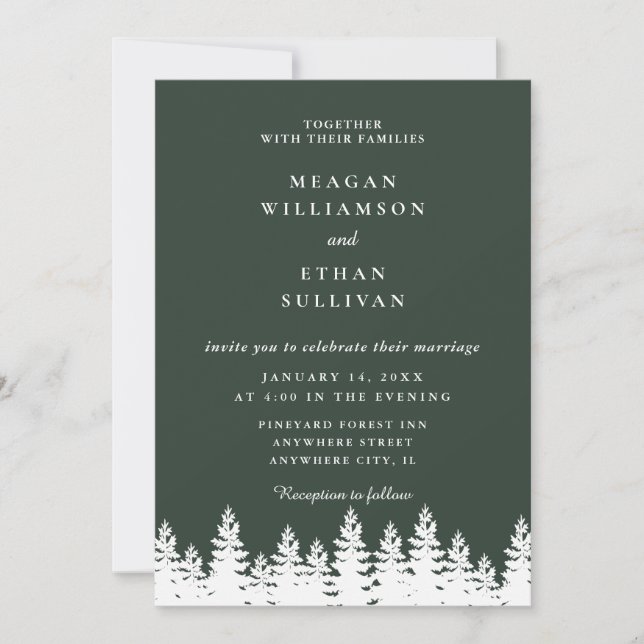 Invitación Moderna y elegante Boda Verde de Invierno Blanco F (Anverso)