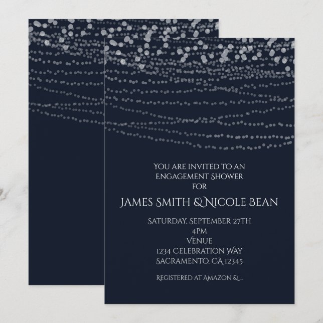 Invitación Moderna y elegante cadena de luces Celebración azu (Anverso / Reverso)