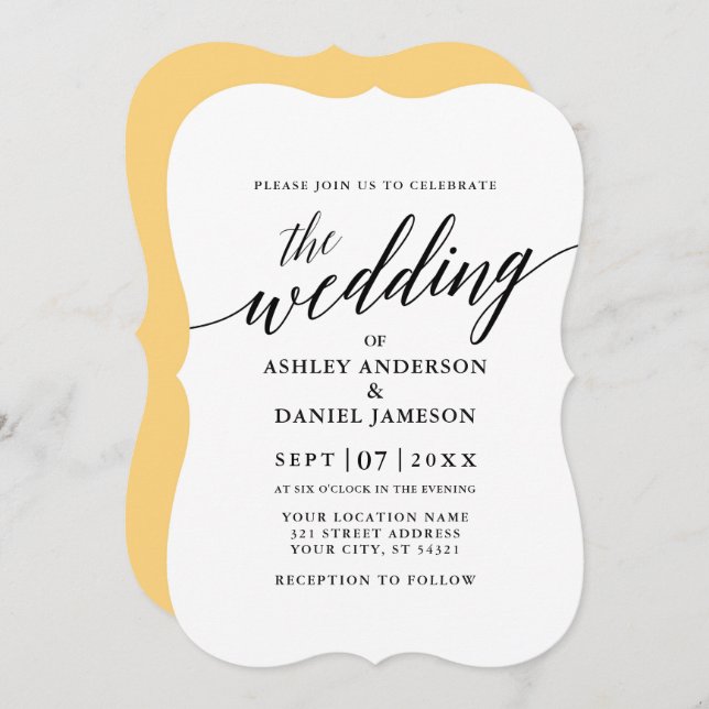 Invitación Moderna y elegante caligrafía Boda amarillo (Anverso / Reverso)