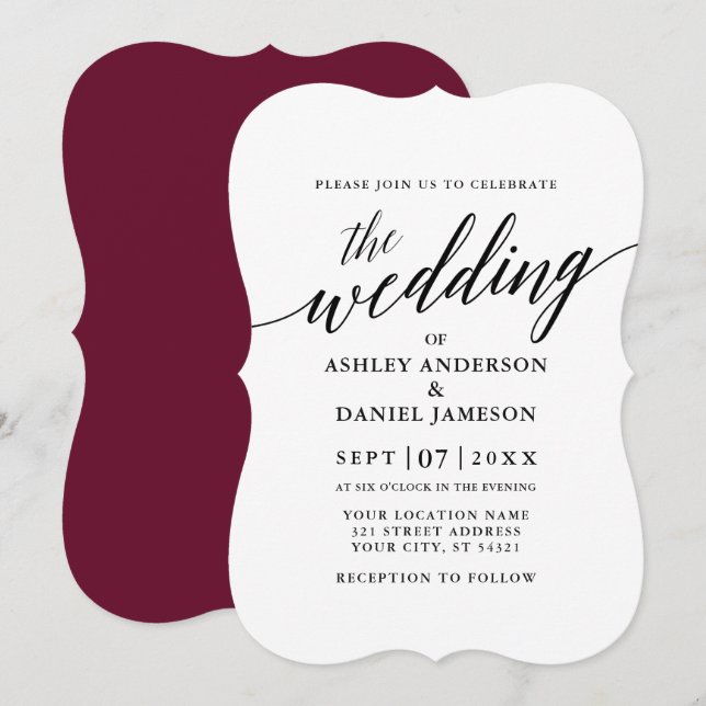 Invitación Moderna y elegante caligrafía Boda Borgoña (Anverso / Reverso)