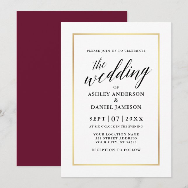 Invitación Moderna y elegante caligrafía Boda Borgoña Oro (Anverso / Reverso)