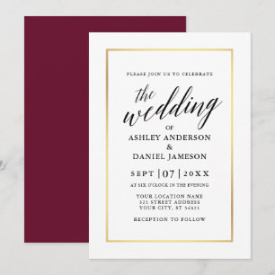 Invitación Moderna y elegante caligrafía Boda Borgoña Oro