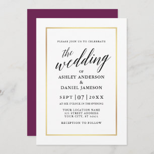 Invitación Moderna y elegante caligrafía Boda Cassis Gold