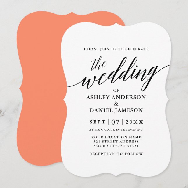 Invitación Moderna y elegante caligrafía Boda Coral (Anverso / Reverso)