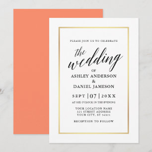 Invitación Moderna y elegante caligrafía Boda Coral Gold