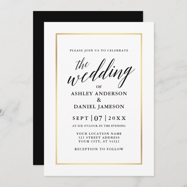 Invitación Moderna y elegante caligrafía Boda marco dorado (Anverso / Reverso)