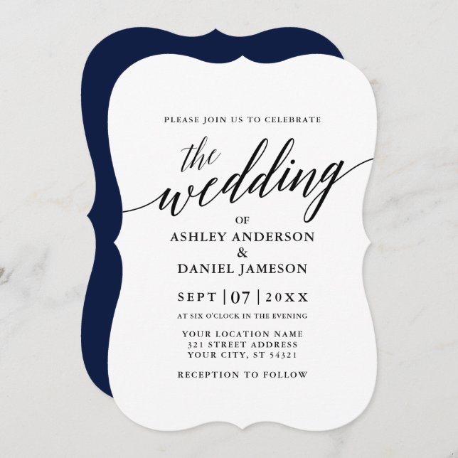Invitación Moderna y elegante caligrafía Boda Marina Azul (Anverso / Reverso)
