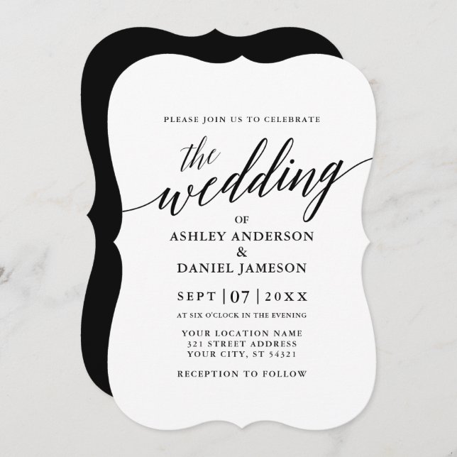 Invitación Moderna y elegante caligrafía Boda negro y blanco (Anverso / Reverso)