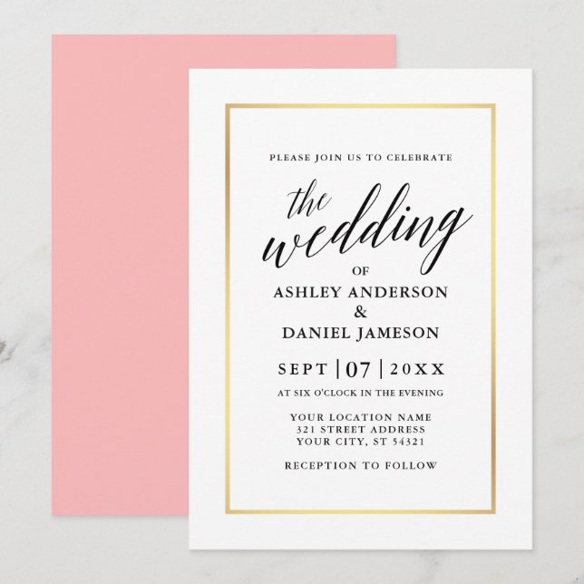 Invitación Moderna y elegante caligrafía Boda Oro rosa (Anverso / Reverso)