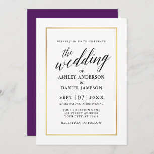 Invitación Moderna y elegante caligrafía Boda Purple Gold